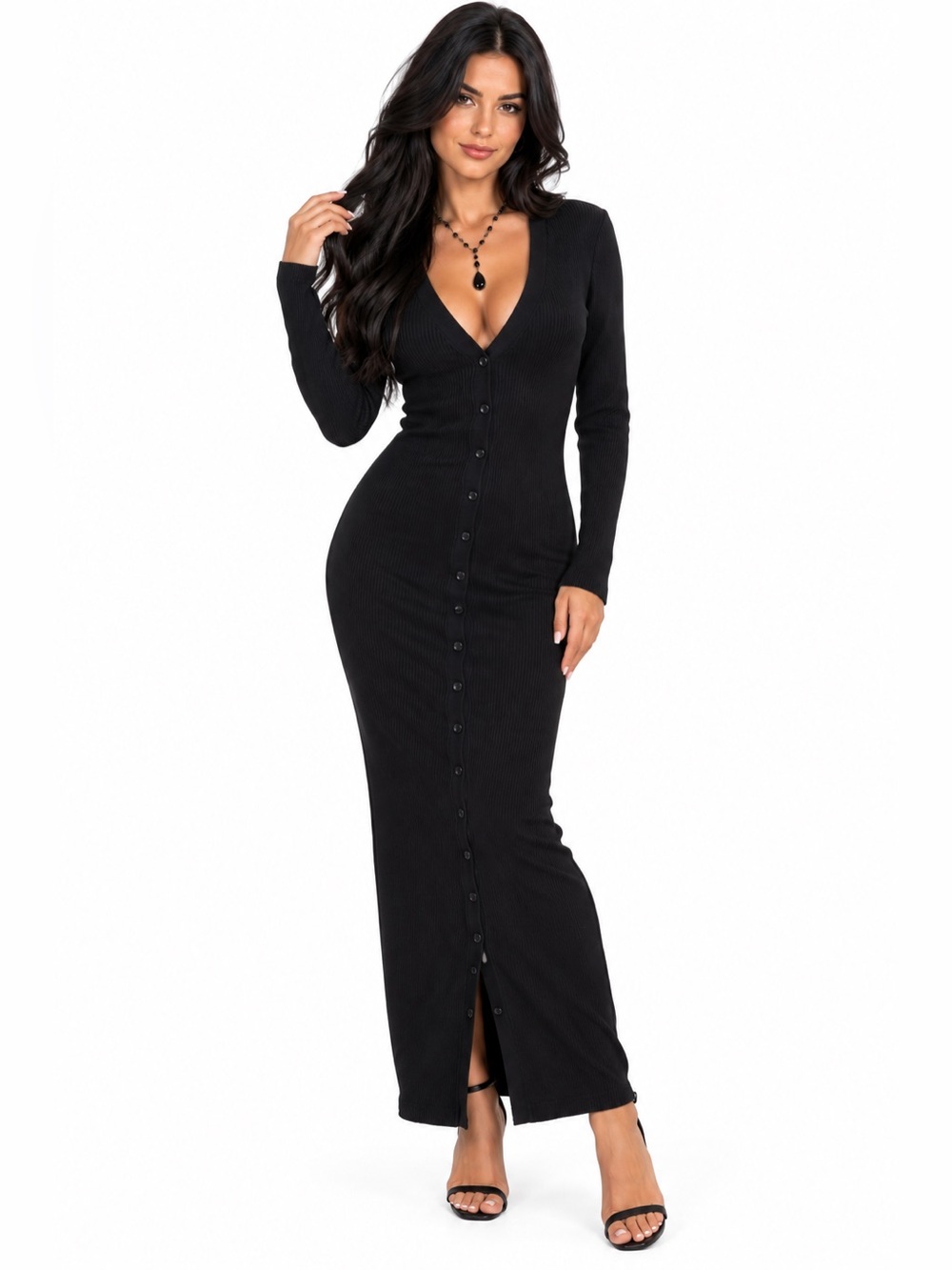 Edikted Slim-Fit Black Button-Front V-Neck Knit Sweater Bodycon Dress